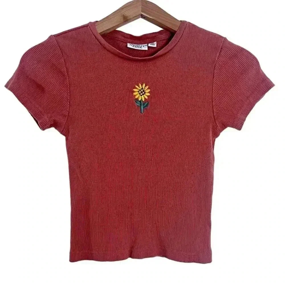 Mighty Fine Rust Colored Ribbed Sunflower Embroidered Crop Top Women's Size M
